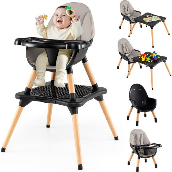 Costway 6 In 1 Seggiolone Per Bambini, Seggiolone Con Tavolo A Blocchi, Doppio Vassoio, Seggiolone Per Bambini, Seggiolone Combinato Per Bambini 6-36 Mesi, Nero-image