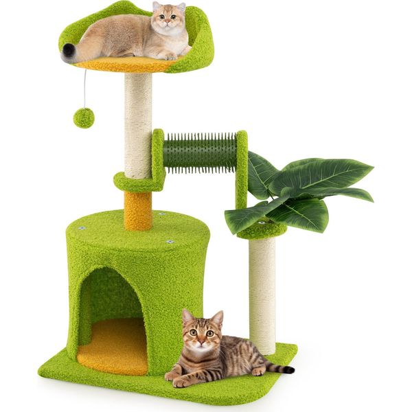 Costway Tiragraffi Piccolo, Albero Per Gatti Con Grotta Per Gatti, Spazzola Per Gatti, Lettino, Tiragraffi In Sisal E Pallina, Tiragraffi Per Gatti Arrampicato Sull'albero 48X33X79 Cm Verde+Arancio-image