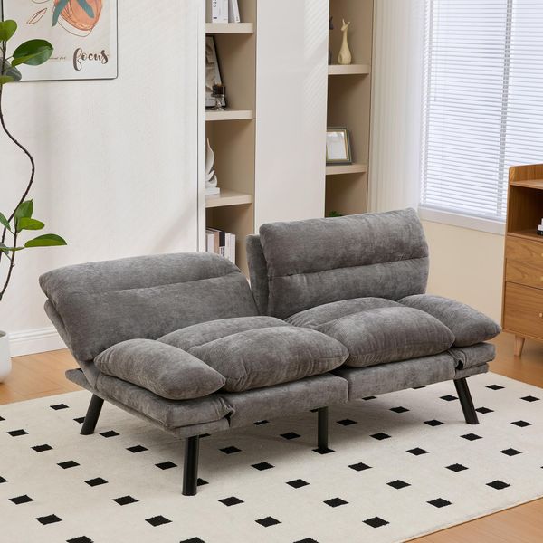 Divano Letto Lvhom Con Schienale E Braccioli Regolabili, Divano Pieghevole In Tessuto Ciniglia, Divano Imbottito Con Piedini In Metallo, Letto Per Ospiti A 3 Posti, Grigio Scuro-image