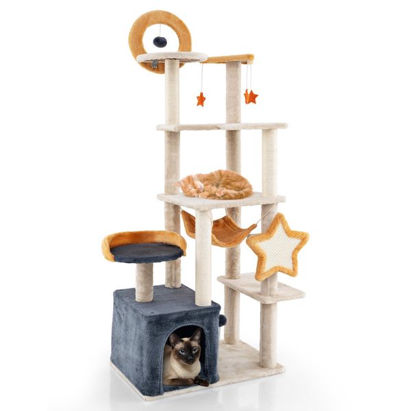 Tiragraffi Costway Da 160 Cm, Albero Per Gatti Multipiano Con Tiragraffi E Tavoletta In Sisal, Casetta, Sedile In Peluche, Piattaforme, Giocattolo Appeso, Torre Per Gatti Con Palla Gonfiabile-image