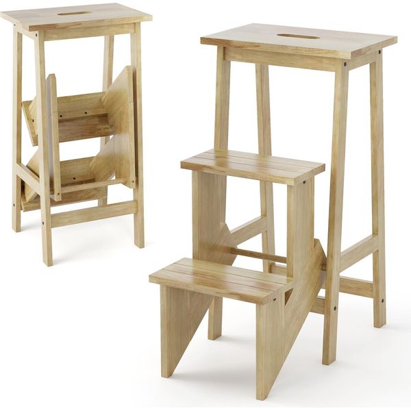 Sgabello Costway, Scala A Gradini 3 Gradini Pieghevole, Sgabello Con Manico, Fino A 310 Kg, Scala Domestica In Legno Massiccio, Sgabello A Scala, Sgabello, Natura-image
