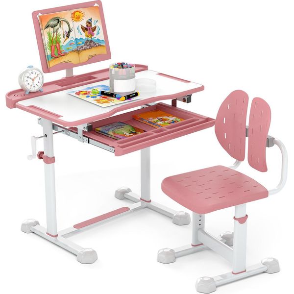 Costway Scrivania Per Bambini Con Sedia, Scrivania Per Bambini Con Cassetto E Leggio, Piano D'appoggio, Scrivania Per Bambini Per Principianti Da 3+, Rosa-image