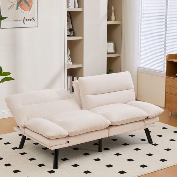 Divano Letto Lvhom Con Schienale E Braccioli Regolabili, Divano Pieghevole In Tessuto Ciniglia, Divano Imbottito Con Piedini In Metallo, 3 Posti Come Letto Per Ospiti, Beige-image