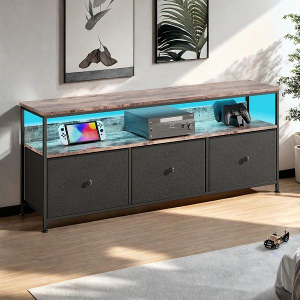 Mobile Tv Fortuna Lai 137 Cm Con Illuminazione Led, 3 Cassetti In Tessuto E Vani A Giorno, Soggiorno-image