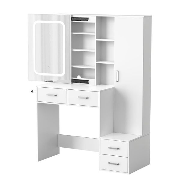 Aiorber Tavolo Da Toilette Con Illuminazione A Specchio Led Cassetti Ripiani Sgabello Tavolo Da Toilette Moderno Con Spazio Di Archiviazione Per Camera Da Letto Bianco-image