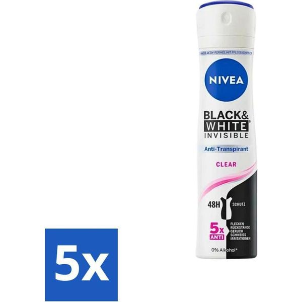Nivea - Deodorante - Spray - Black & White Invisible Clear - Antitraspirante - 150 Ml - Vorteilspack - 5 StüCke-image