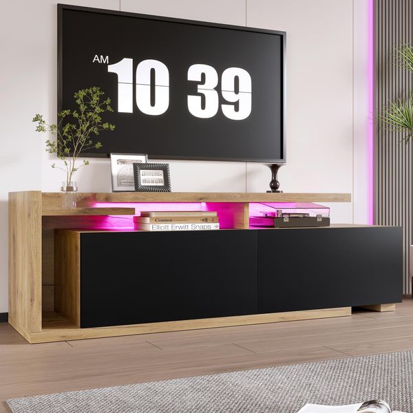 Lvhom Mobile Tv Regolabile Con Led E Cassetti, Tavolo Tv Con Vani A Giorno, Lavagna Bassa Scandi, Lavagna Tv Flessibile Fino A 200 Cm, Naturale/Nero-image
