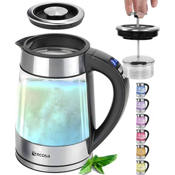 Bollitore In Vetro Ecosa Con Impostazione Della Temperatura 40°C - 100°C Acciaio Inox Di Alta Qualità Con Colino Per Tè Integrato Funzione Di Mantenimento In Caldo Per 2 Ore Illuminazione Led A Variazione Cromatica 1,7 Litri 2200 Watt Display Lcd Filtro Anticalcare Rimovibile-image