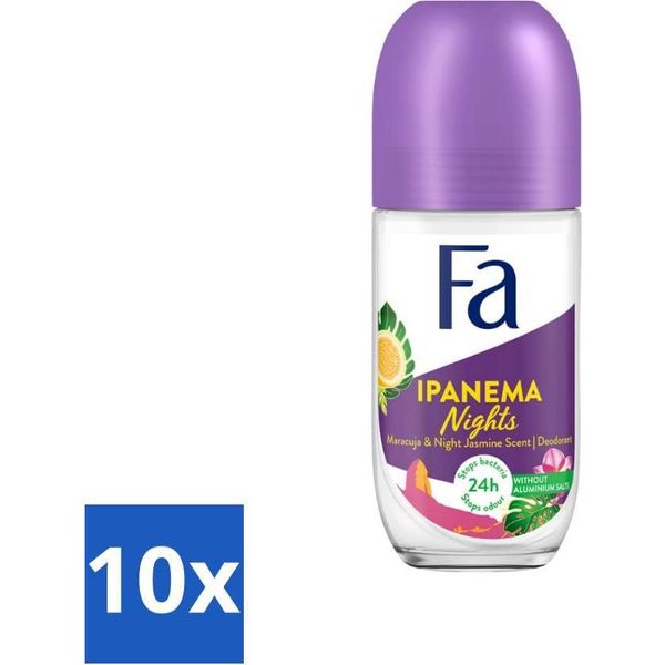 Fa - Deodorante Roller - Ipanema Nights - Frutto Della Passione E Gelsomino Notturno - Protezione 24 Ore - 50 Ml - Confezione Vantaggiosa - 10 Pezzi-image