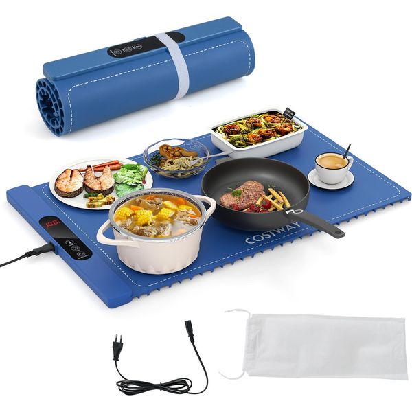 Costway Tappetino Riscaldante Elettrico In Silicone, Scaldavivande Arrotolabile, Piastra Riscaldante Con Spegnimento Automatico, 6 Controlli Di Temperatura 50-100℃ E Timer Blu-image