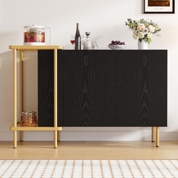 Credenza Flieks Con 2 Ante E Ripiani Aperti, Credenza Per Soggiorno Con Gambe In Metallo, 120X40X77,5 Cm, Nero-image