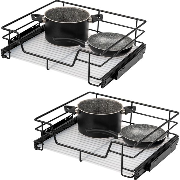 Set Di 2 Cassetti Telescopici Bremermann - 60 Cm Con Ripiano, Cassetto Da Cucina Per Il Montaggio A Posteriori, In Metallo (Nero)-image
