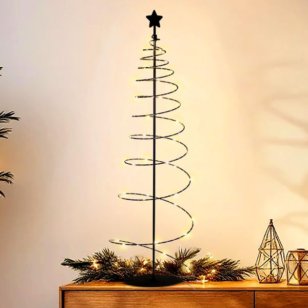 Albero Di Natale A Spirale Con 47 Led Metallici In Nero Con Timer - 80 Cm - Albero Di Natale Con Cima A Stella Illuminato In Bianco Caldo A Batteria-image