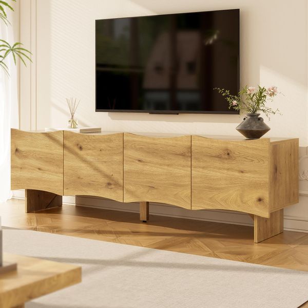 Merax Mobile Tv Moderno Con Motivo A Onde, Mobile Tv Basso Con 4 Ante E Spazio Di Archiviazione, Mobile Tv Con Canaline Per Cavi, Console Multimediale, Colore Legno-image
