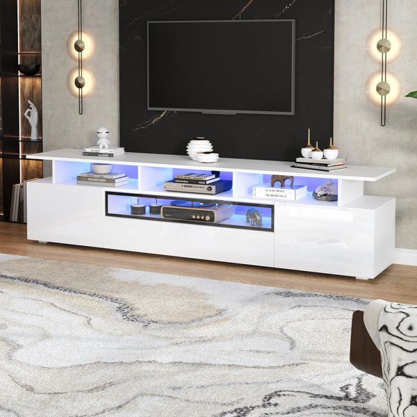 Mobile Tv Merax 180×38×45 Cm Con 2 Armadi, Cassetto E Ripiani, Lavagna Tv Con Led Tramite App, Mobile Tv Per 75 Pollici, Bianco Lucido-image