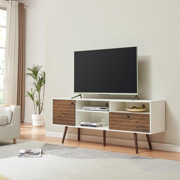 Mobile Tv 'Vare' 165 X 40 X 66 Cm Con 1 Anta 1 Cassetto 3 Vani A Giorno Bianco/Noce-image