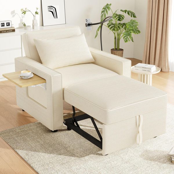 Merax Divano Letto A 1 Posto Con Funzione Sleep, Usb, Type-C, Porta Cellulare, Tavolino, Schienale Regolabile, Divano Letto Pieghevole, Velluto A Coste, Beige-image