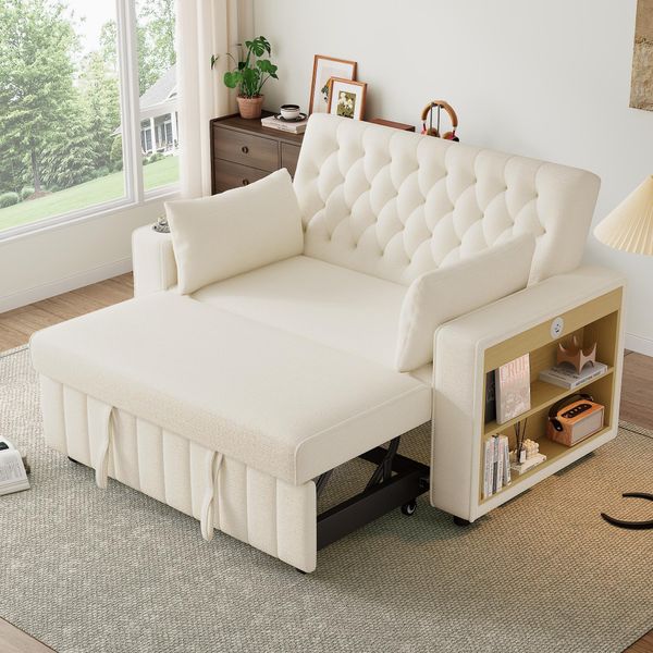 Divano Letto A 2 Posti Merax Con Funzione Sleep, 2 Cuscini, Usb, Type-C, Portabicchieri, Ripiano Laterale, Schienale Regolabile, Divano Letto In Ciniglia, Beige-image