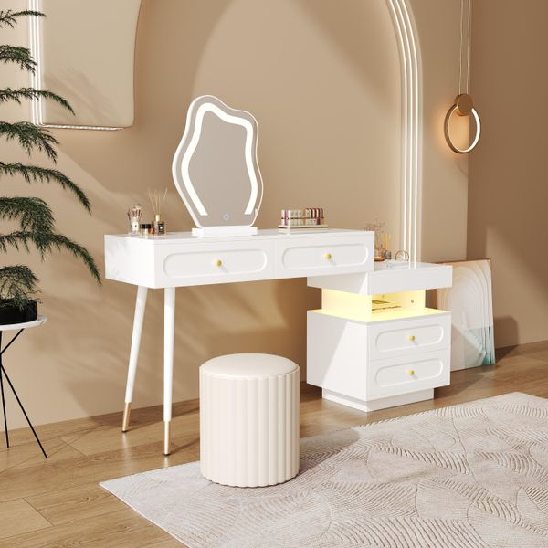 Tavolino Da Toilette Merax Con Specchio, Illuminazione Led, Luminosità Regolabile, 4 Cassetti, Vano A Giorno Con Luci Led, Tavolino Per Cosmetici, Bianco-image