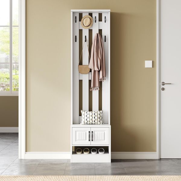 Set Appendiabiti Merax, Appendiabiti, Appendiabiti 2 In 1 Con Scarpiera E 8 Ganci, Mobili Da Corridoio, Appendiabiti Da Corridoio, Panca Appendiabiti, 50×36×190 Cm, Bianco-image
