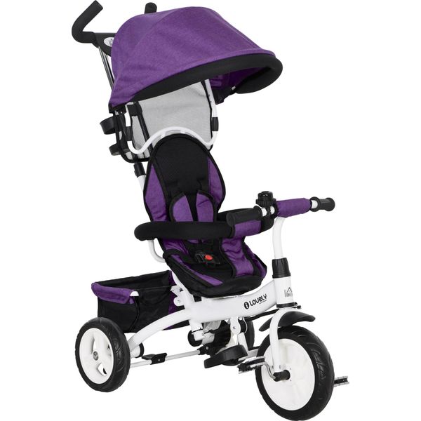 Homcom Triciclo 6 In 1 Con Maniglione, Triciclo Per Bambini Con Tettuccio Parasole Rimovibile, Balance Bike Con Imbracatura Di Sicurezza A 5 Punti, Cestino, Portabicchieri, Per Bambini Da 1 A 5 Anni, Viola-image