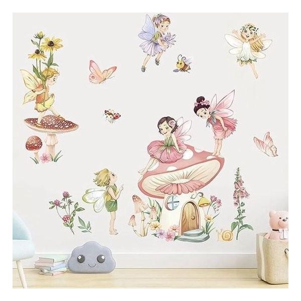 Adesivi Murali Con Motivi Di Fate E Funghi, Fiori, Farfalle, Elfi, Da Staccare E Attaccare, Per Camerette Di Bambine, Camere Di Bambini, Camerette Di Neonati-image