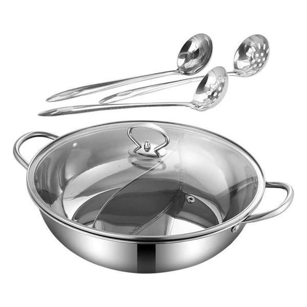 Pentola In Acciaio Inox Con Divisorio Yin-Yang E Cucchiaio Per Setacciare - Pentola Cinese Per Fornello A Induzione - Perfetta Per Hot Pot E Fonduta - Argento-image