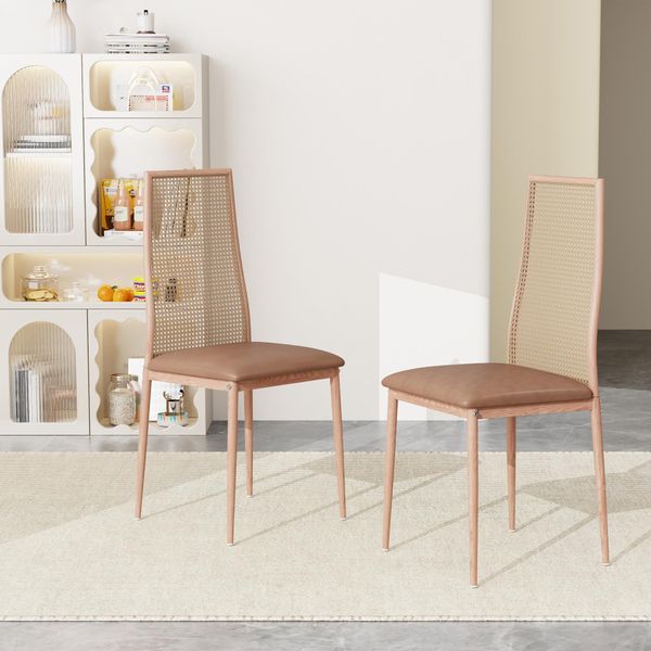 Cdglobal Set Di 2 Sedie Da Pranzo In Lino Sedia Da Cucina In Rattan Con Schienale Intrecciato, Sedia D'accento Con Gambe In Metallo Sedia Imbottita Vintage Per Sala Da Pranzo/Cucina/Soggiorno-image