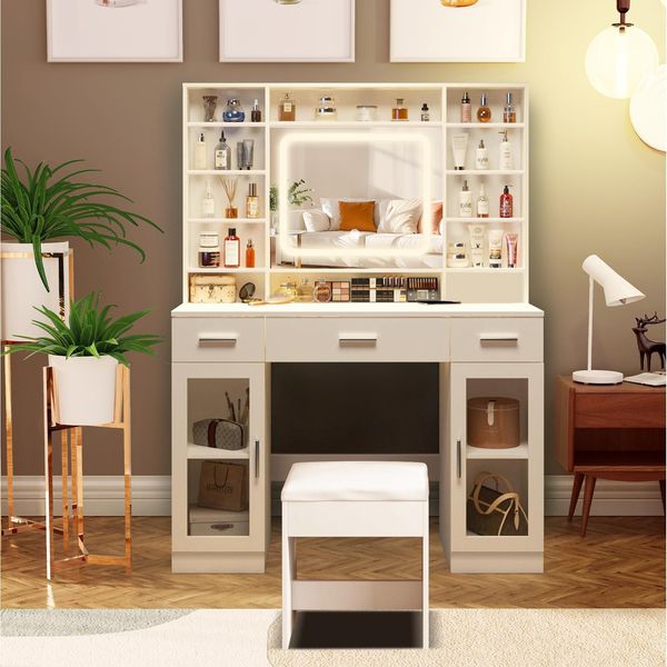 Aiorber Tavolo Da Toilette Con Specchio Led, 3 Colori Di Luce, Touch Control, Tavolo Da Toilette Con Illuminazione, Cassetti E Sgabello, Tavolo Da Toilette - Bianco-image