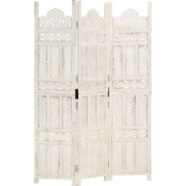 The Living Store Divisorio 3 Pezzi Intagliato A Mano Bianco 120×165Cm In Legno Massello Di Mango-image