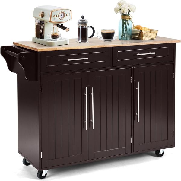 Costway Carrello Da Cucina Su Rotelle, Carrello Da Cucina Con Cassetti E Piano Di Lavoro, Mobile Buffet A Isola In Legno, Mobile Da Cucina Marrone-image
