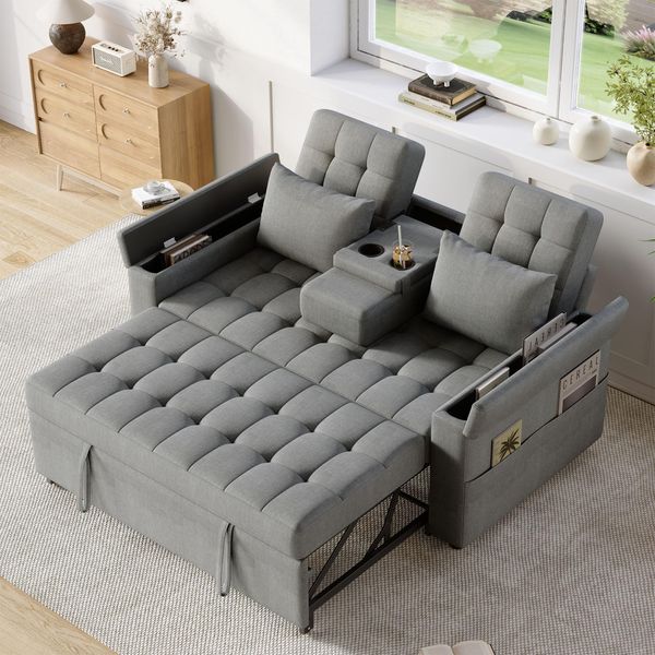 Divano Letto Merax A 2 Posti Con Funzione Letto, Schienale Regolabile, Portabicchieri, Vani Portaoggetti, Cuscini, Divano, Divano Letto, Letto Pieghevole, Biancheria, Grigio-image
