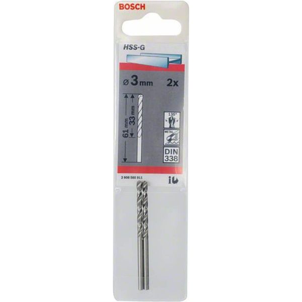 Bosch Punta Per Metallo HSS-G, Din 338, 3 X 33 X 61 Mm, Confezione Da 2 2608585911-image