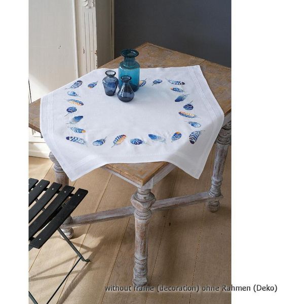 Vervaco Set Di Ricami Per Tovaglie Stampate "Piume Blu"", Motivo Di Ricamo Disegnato"-image