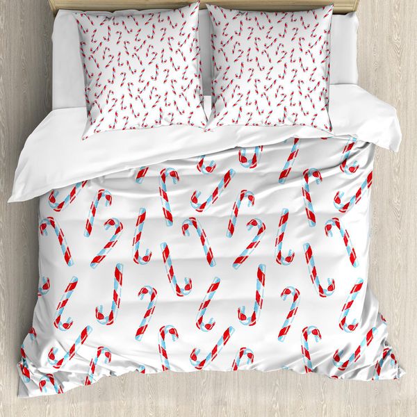 Set Copripiumino Abakuhaus Zuckerstange, Caramelle Acquerellate, Natale Tradizionale, Festività Invernali, 155 X 220 Cm + 80 X 80 Cm, Rosso, Acquerello, Bianco-image