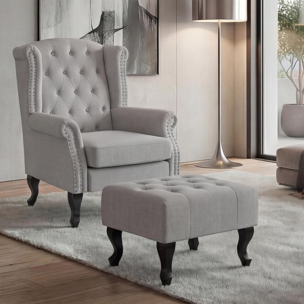 Poltrona Chesterfield, Poltrona Club Reclinabile Poltrona Ad Ala, Tessuto Idrorepellente ~ Grigio Con Pouf-image