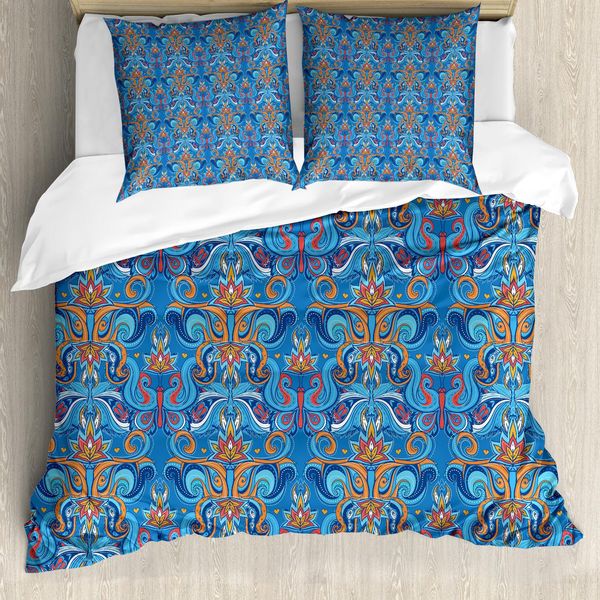 Abakuhaus Set Copripiumino Blu, Motivo Floreale Astratto Con Influenze Paisley, Riccioli Elaborati E Foglie Vorticose, 200 X 200 Cm + 80 X 80 Cm, Blu Arancione Corallo-image