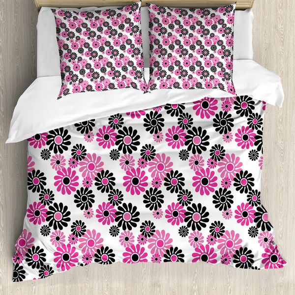 Abakuhaus Copripiumino Geometrico, Antico Blooming, Antiacaro, Adatto A Chi Soffre Di Allergie, Con Federe, 155 Cm X 220 Cm - 80 X 80 Cm, Rosa Bianco Nero-image