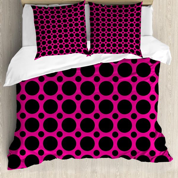Abakuhaus Copripiumino Rosa Shocking, Pois Simmetrici Retrò, Antiacaro, Adatto A Chi Soffre Di Allergie, Con Federe, 200 Cm X 200 Cm - 80 X 80 Cm, Rosa Shocking E Nero-image