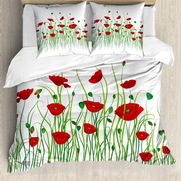 Abakuhaus Copripiumino Mohn, Fiori Su Sfondo Rurale, Antiacaro E Anallergico, Con Federe, 155 Cm X 220 Cm - 80 X 80 Cm, Rosso Scarlatto, Verde, Bianco-image
