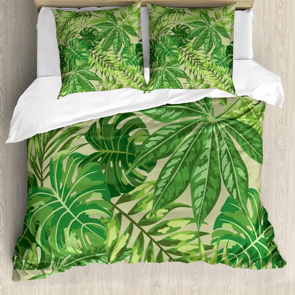 Abakuhaus Set Copripiumino Con Foglie Verdi, Motivo Esotico Con Foglie Tropicali Fresh Jungle Aloha Hawaii, 155 X 220 Cm + 80 X 80 Cm, Verde Mela Verde Felce-image