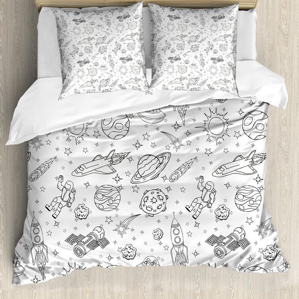 Set Copripiumino Abakuhaus Per Asilo Nido, Doodle Solar System Astronauti Spazio Artigianato E Stelle Cadenti Tema Fantascientifico, 155 X 220 Cm + 80 X 80 Cm, Bianco Nero-image