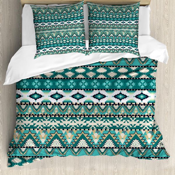 Abakuhaus Set Copripiumino Etnico, Design Tribale Azteco Elementi Geometrici Quadrati Triage Arte Pixel Primitiva, 200 X 200 Cm + 80 X 80 Cm, Verde Acqua Turchese Marrone Chiaro-image