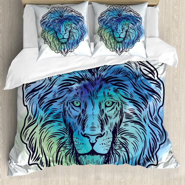 Abakuhaus Copripiumino Leone, Ritratto Re Della Foresta, Antiacaro Adatto A Chi Soffre Di Allergie Con Federe, 155 Cm X 220 Cm - 80 X 80 Cm, Azzurro Turquoise-image