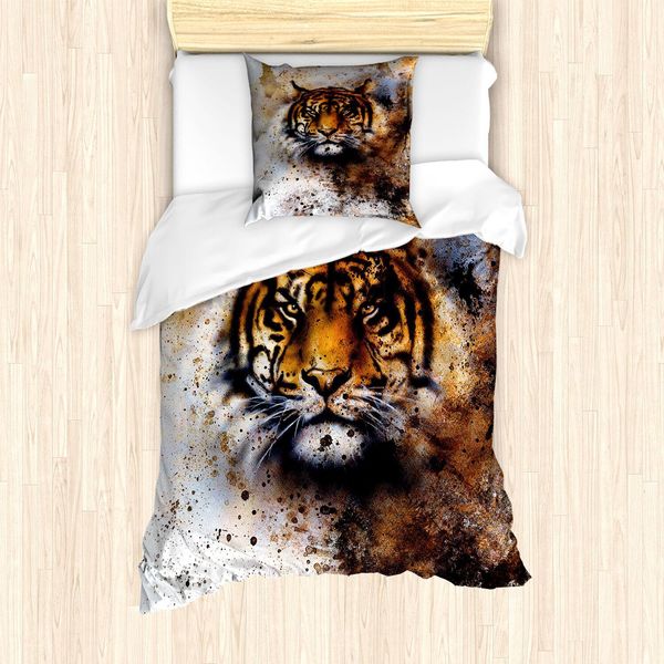 Set Copripiumino Abakuhaus Tiger, Animale Selvatico Che Guarda Dritto Negli Occhi Chi Lo Osserva, La Panthera Tigris Fissa Lo Sguardo, 135 X 200 Cm + 80 X 80 Cm, Multicolore-image