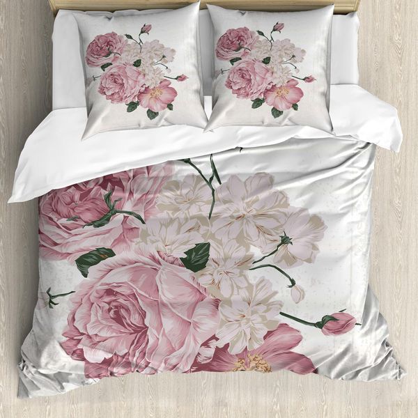 Set Copripiumino Abakuhaus Rose, Stile Grunge Rosa Antico, Romantico Primaverile, 200 X 200 Cm + 80 X 80 Cm, Beige Rosa Verde-image
