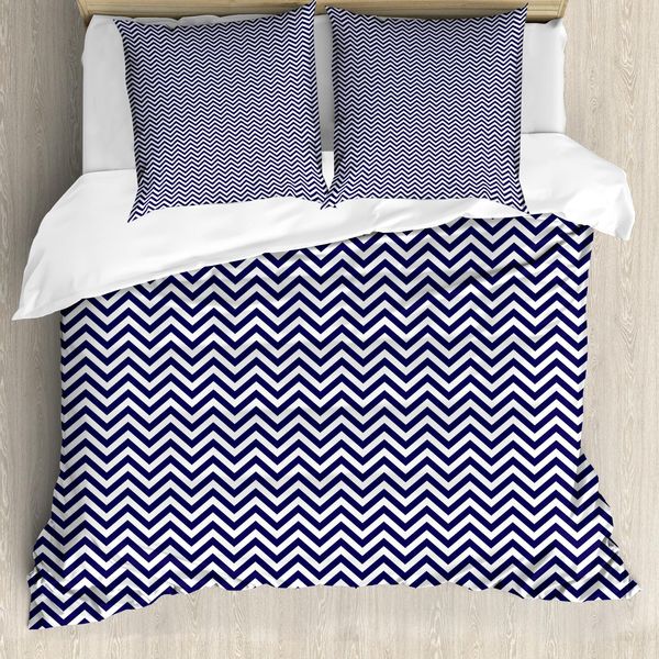 Abakuhaus Copripiumino Blu Navy, Motivo Chevron Blu Navy, Antiacaro, Adatto A Chi Soffre Di Allergie, Con Federe, 155 Cm X 220 Cm - 80 X 80 Cm, Blu Navy-Bianco-image