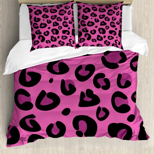 Set Copripiumino Abakuhaus Rosa Shocking, Motivo Leopardato Con Forme Astratte In Stile Safari Selvaggio E Giungla, 155 X 220 Cm + 80 X 80 Cm, Nero E Rosa-image