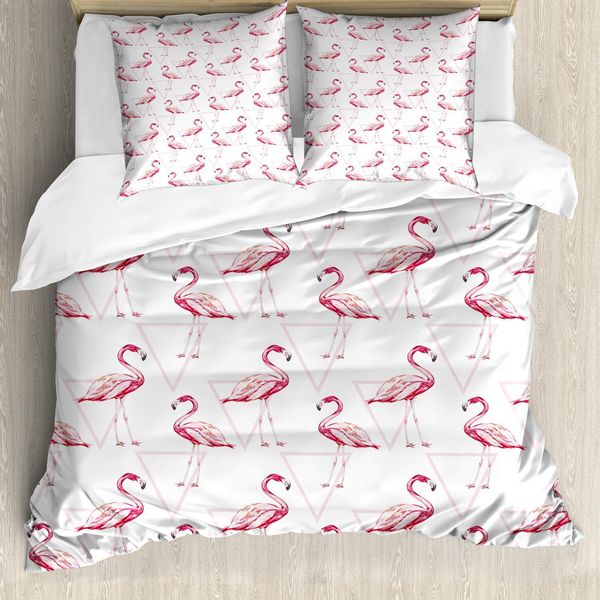 Set Copripiumino Abakuhaus Flamingo, Animali Disegnati In Stile Realistico Su Sfondo Geometrico Con Triangoli Rosa, 155 X 220 Cm + 80 X 80 Cm, Pesca Bianco Rosa-image