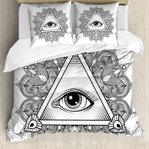 Abakuhaus Set Copripiumino Auge, Simbolo Tatuaggio Occhio Onniveggente Vintage Con Mandala Boho Providence Spirit Occultismo, 200 X 200 Cm + 80 X 80 Cm, Bianco Nero-image